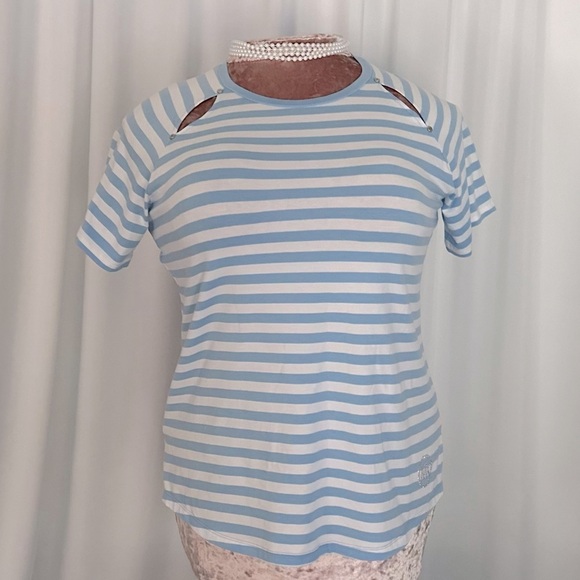 Michael Kors Short Sleeve White and Blue Stripe Women's Shirt (675) - Picture 1 of 10